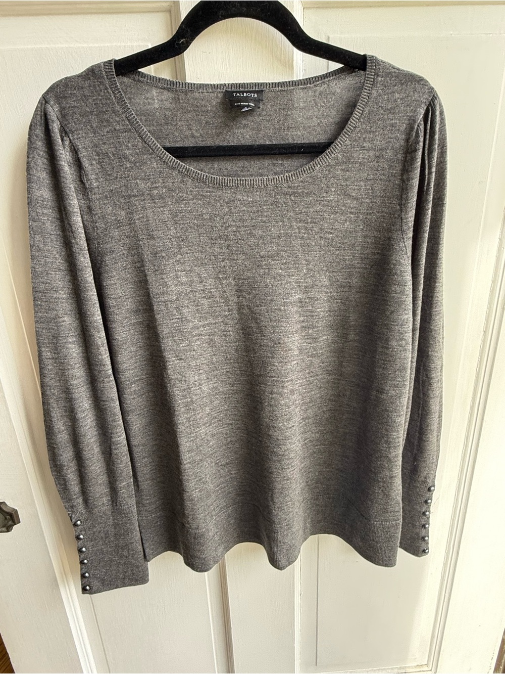Talbots Charcoal Gray Long Sleeve Merino Wool Crewneck Sweater with Button Cuffs
